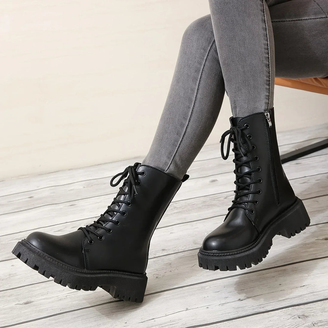 Bottines Femme – Militaires Lacets Zip Côté Aspect Cuir, Talon Bloc