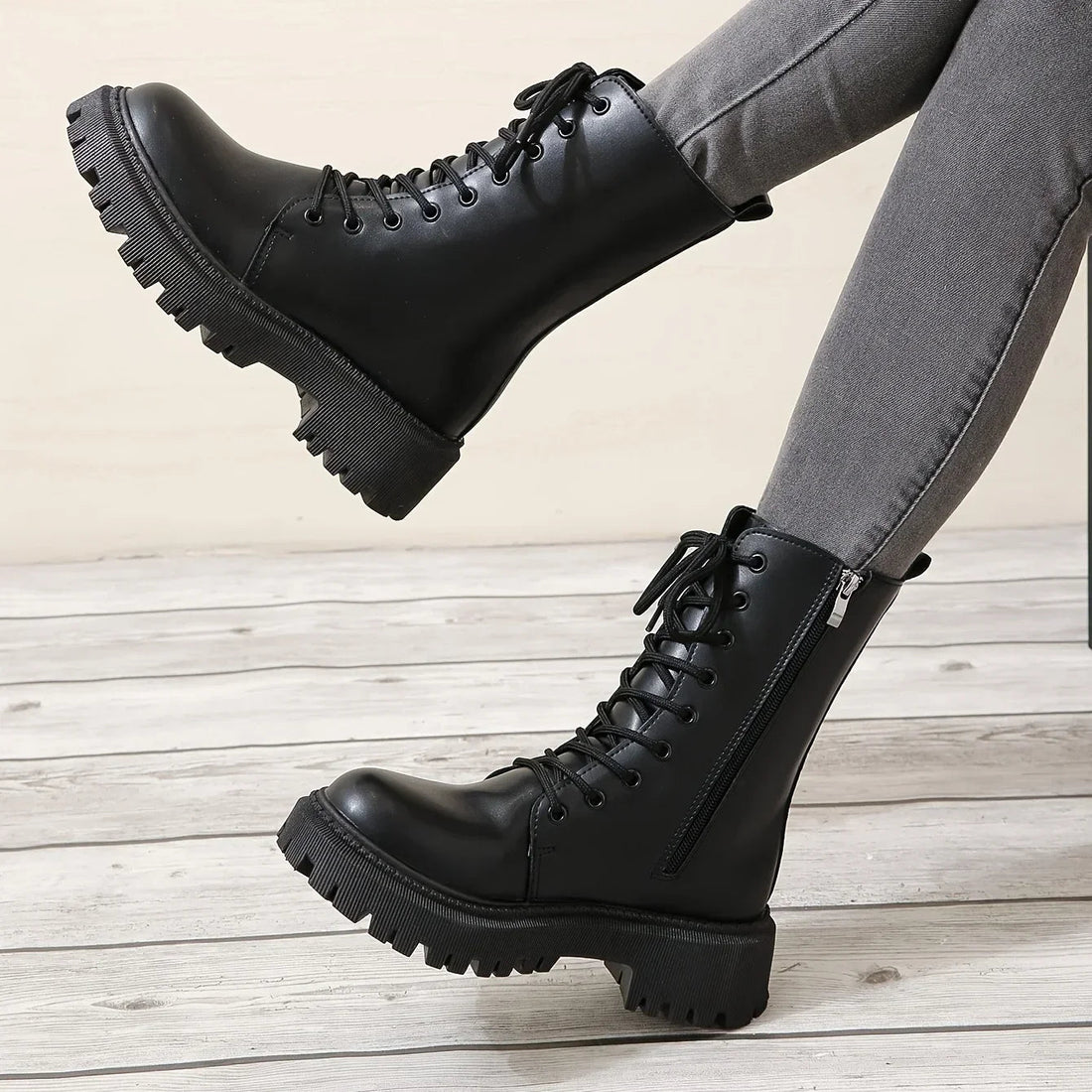 Bottines Femme – Militaires Lacets Zip Côté Aspect Cuir, Talon Bloc