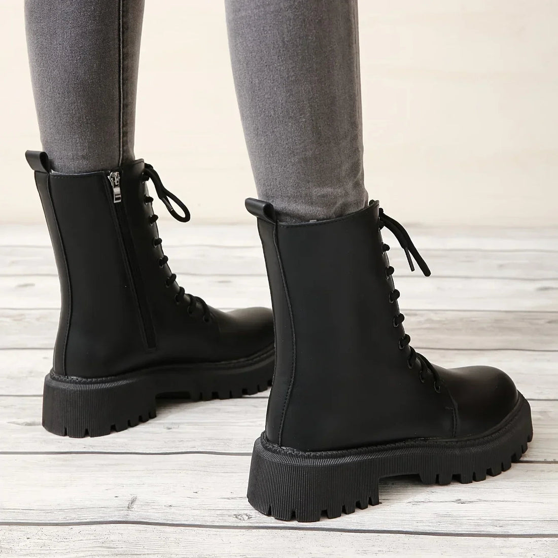 Bottines Femme – Militaires Lacets Zip Côté Aspect Cuir, Talon Bloc