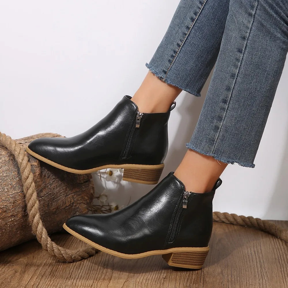 Bottines Femme – Orthopédiques Talon Bloc Aspect Cuir Zip Latéral Pied Large, Fermeture Éclair