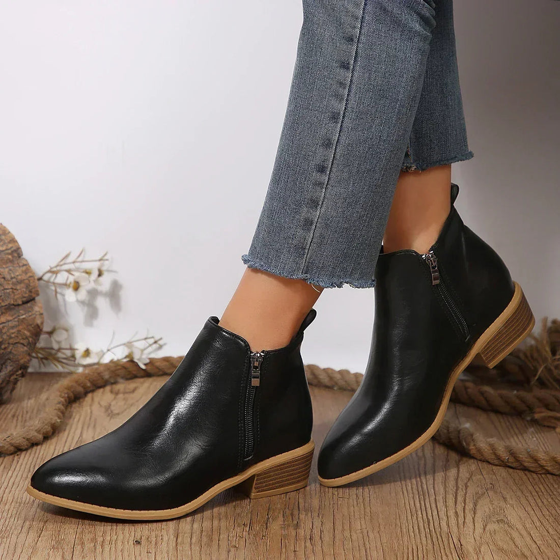 Bottines Femme – Orthopédiques Talon Bloc Aspect Cuir Zip Latéral Pied Large, Fermeture Éclair