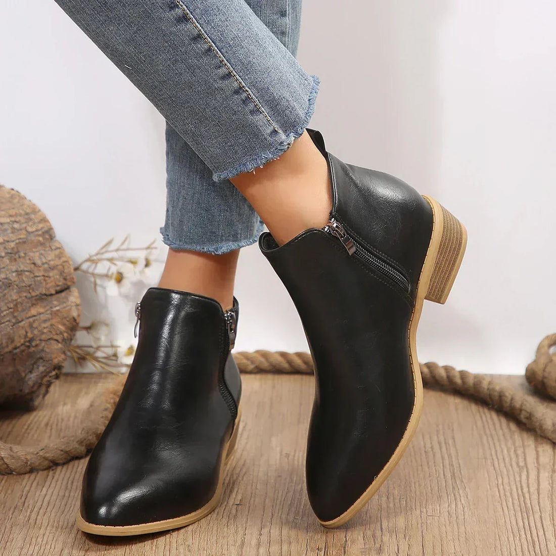 Bottines Femme – Orthopédiques Talon Bloc Aspect Cuir Zip Latéral Pied Large, Fermeture Éclair