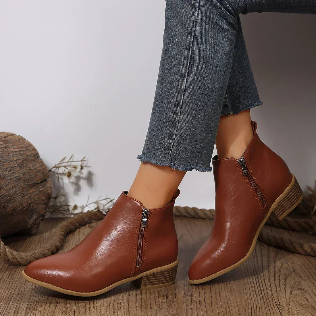 Bottines Femme – Orthopédiques Talon Bloc Aspect Cuir Zip Latéral Pied Large, Fermeture Éclair