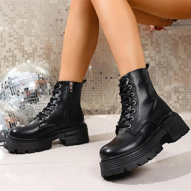 Bottines Femme – Plateforme Talon Épais Zip Aspect Cuir, Talon Bloc
