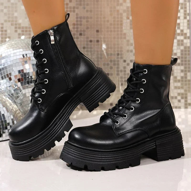 Bottines Femme – Plateforme Talon Épais Zip Aspect Cuir, Talon Bloc