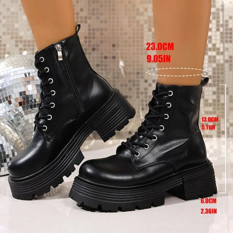 Bottines Femme – Plateforme Talon Épais Zip Aspect Cuir, Talon Bloc