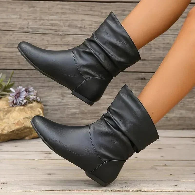 Bottines Femme – Plates Aspect Cuir Souple Froncées, Talon Bloc