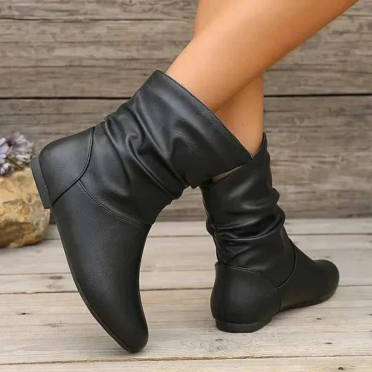 Bottines Femme – Plates Aspect Cuir Souple Froncées, Talon Bloc
