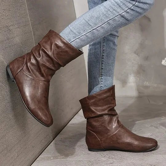 Bottines Femme – Plates Aspect Cuir Souple Froncées, Talon Bloc