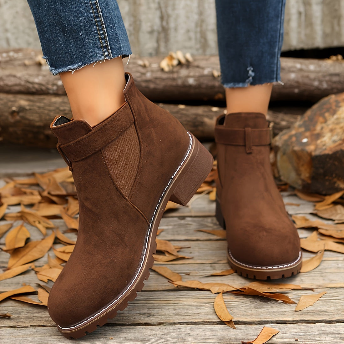 Bottines Femme – Talon Bloc Boucle Crantée Aspect Daim, Fermeture Éclair