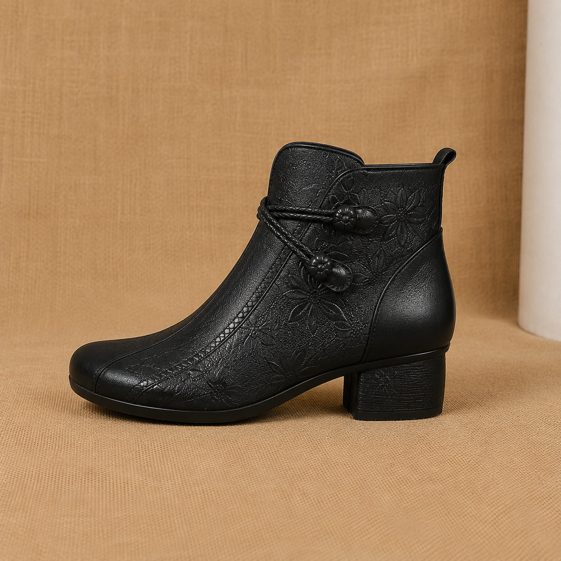 Bottines Femme – Talon Bloc Détail Feuille, Fermeture Éclair