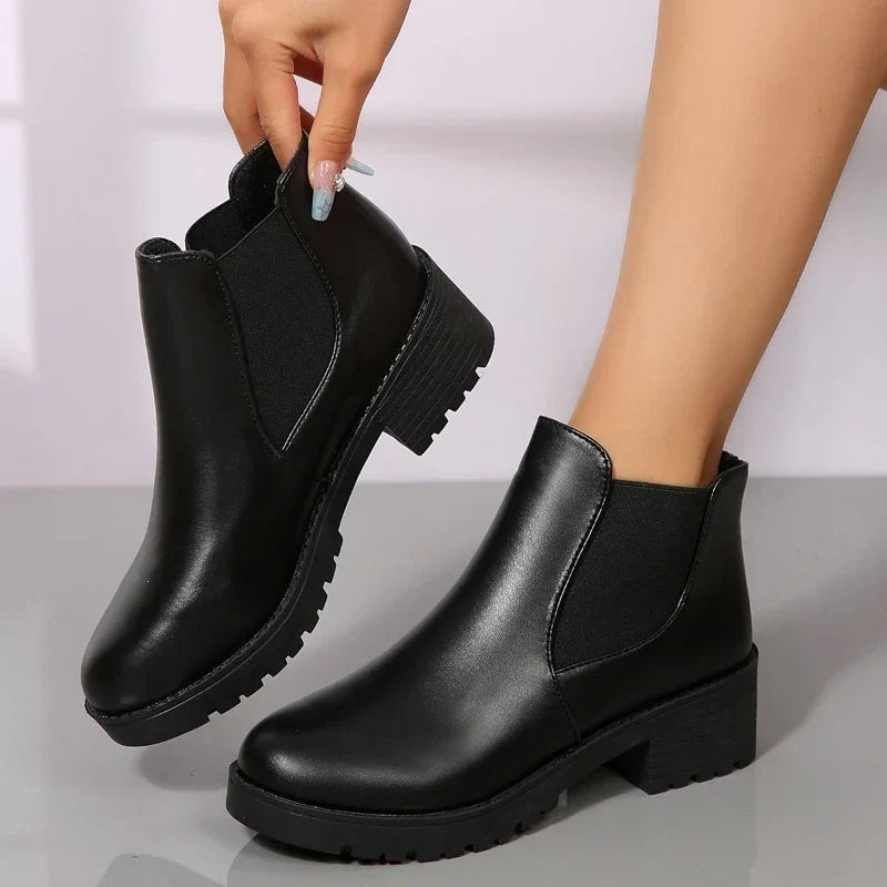 Bottines Femme – Talons Bout Rond Effet Aspect Cuir Zip Côté, Talon Bloc