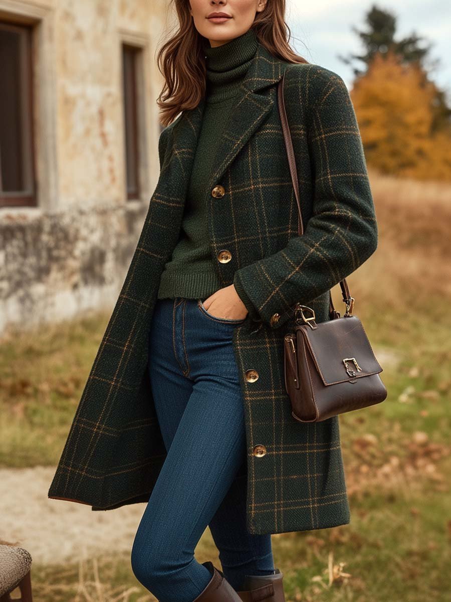 Manteau Femme – Aspect Lainage Carreaux, Coupe Longue