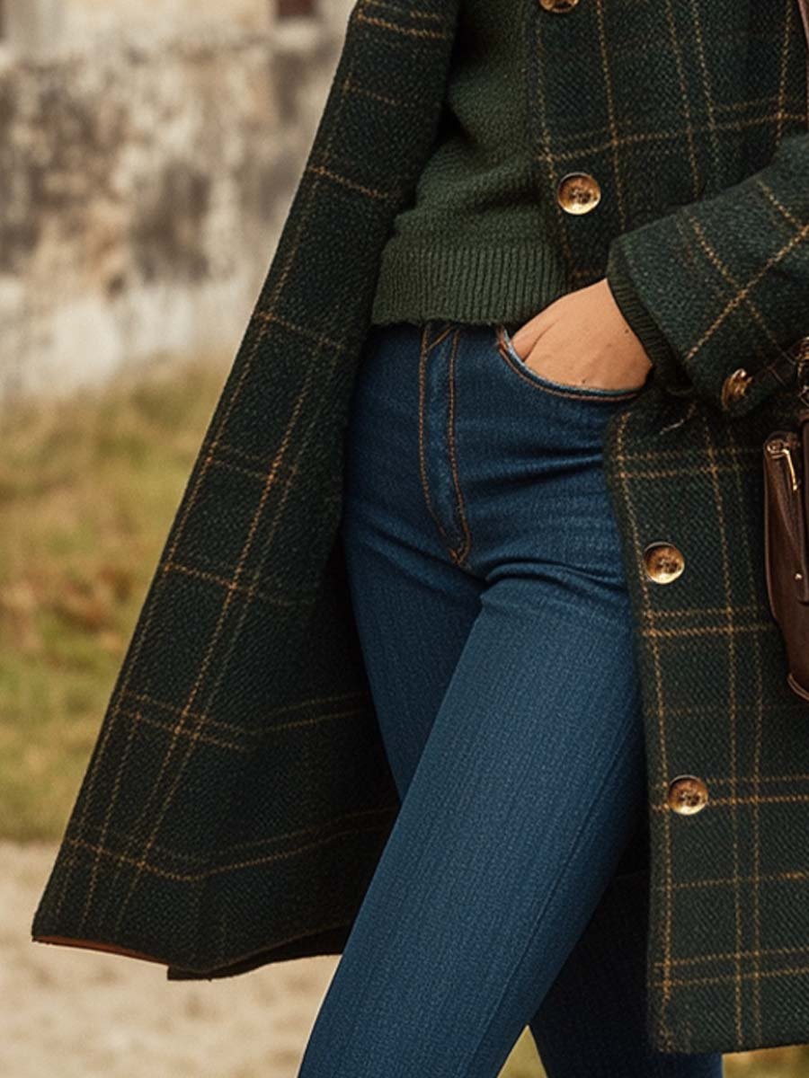 Manteau Femme – Aspect Lainage Carreaux, Coupe Longue