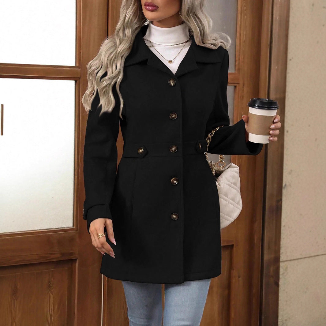 Manteau Femme – Aspect Lainage Simple Boutonnage, Mi-Longue Revers