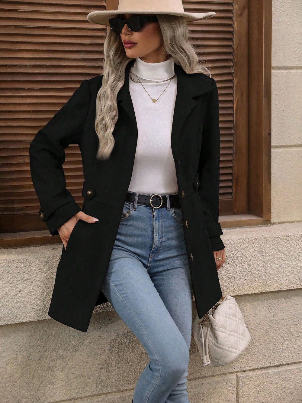 Manteau Femme – Aspect Lainage Simple Boutonnage, Mi-Longue Revers