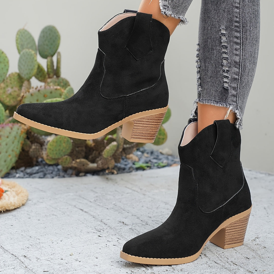 Santiags Femme – Western Talon Bloc Aspect Daim Bout Pointu, Talon Carré