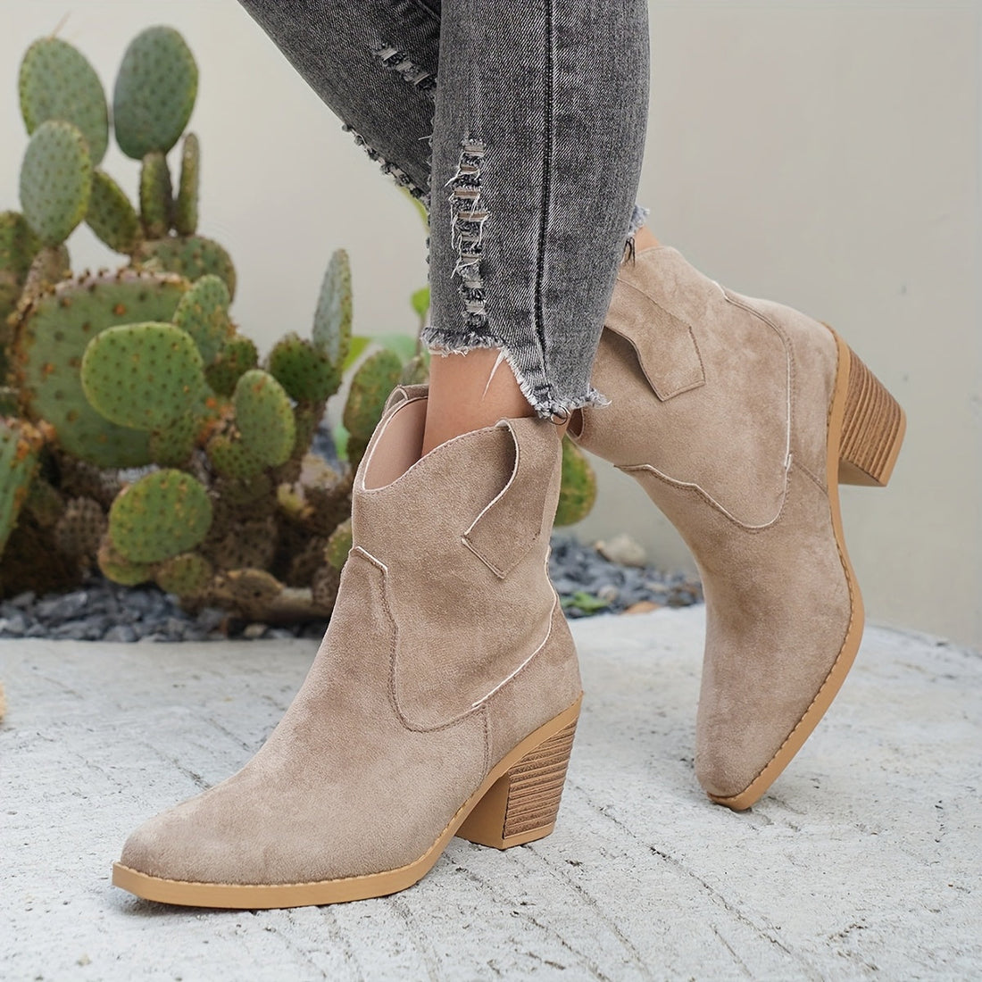 Santiags Femme – Western Talon Bloc Aspect Daim Bout Pointu, Talon Carré