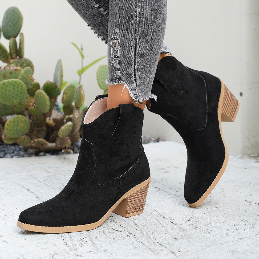 Santiags Femme – Western Talon Bloc Aspect Daim Bout Pointu, Talon Carré