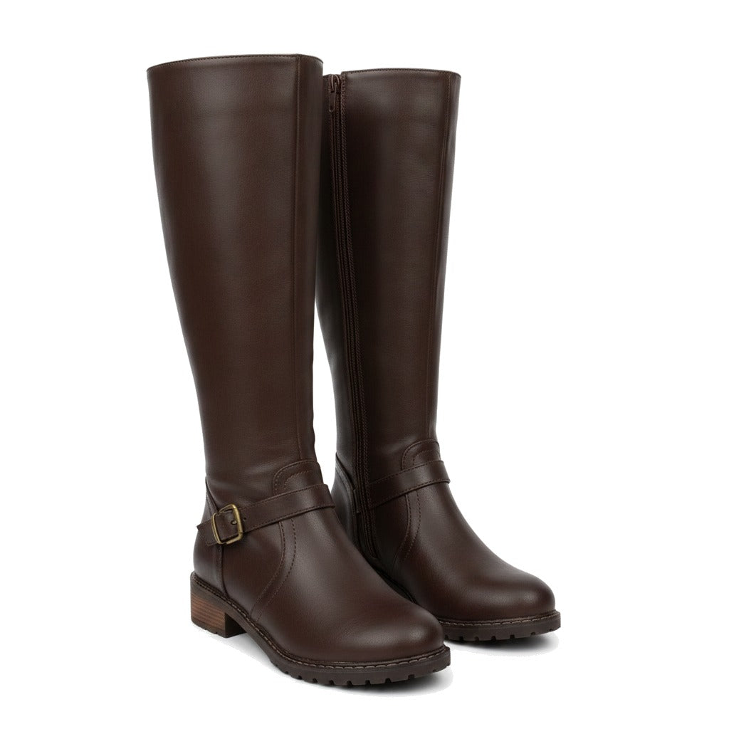 Bottes cavalières femme à boucle et zip intérieur - Marron foncé
