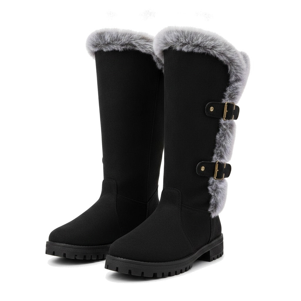 Bottes fourrées femme hautes à revers fausse fourrure - Noir
