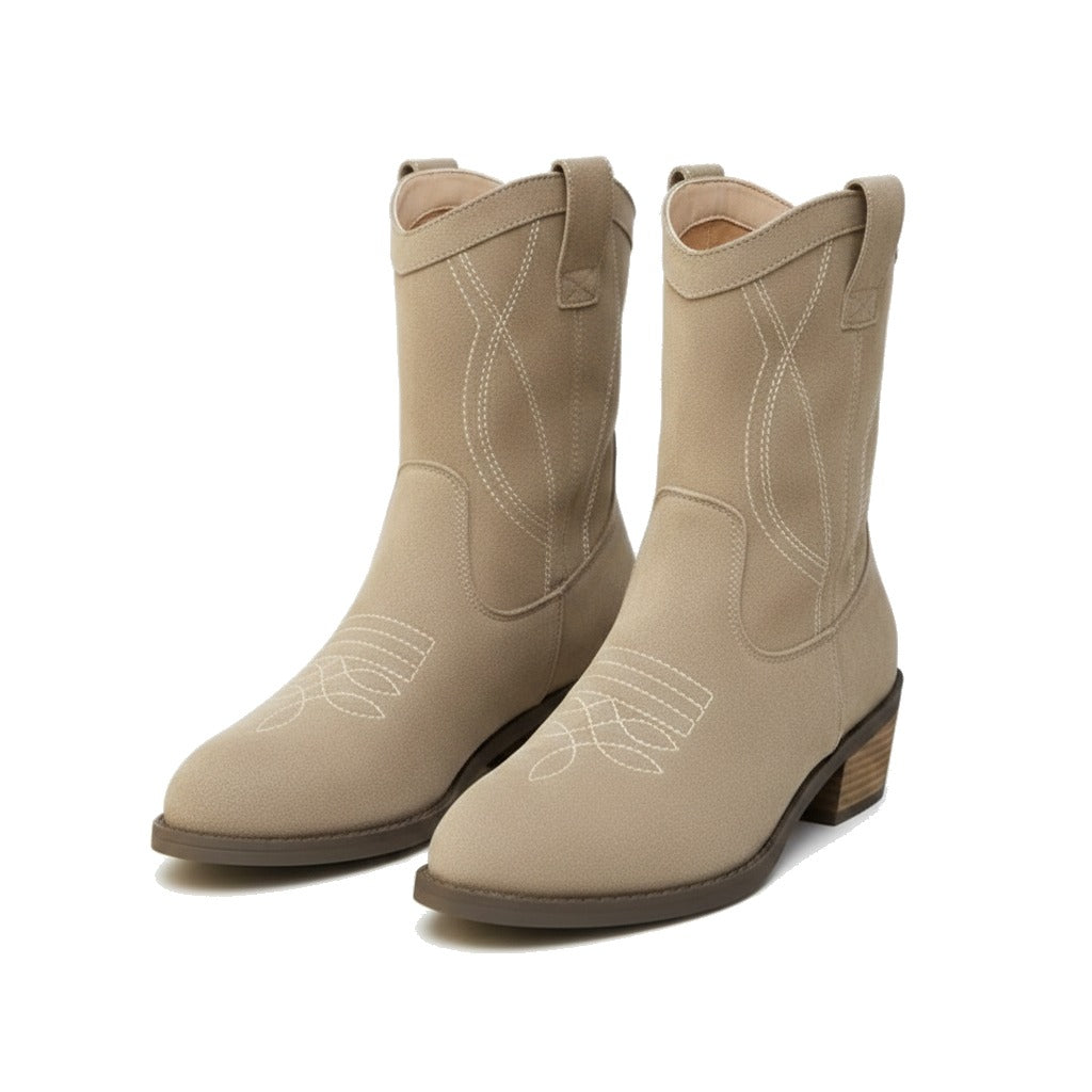 Santiags femme courtes effet daim à surpiqûres western - Kaki