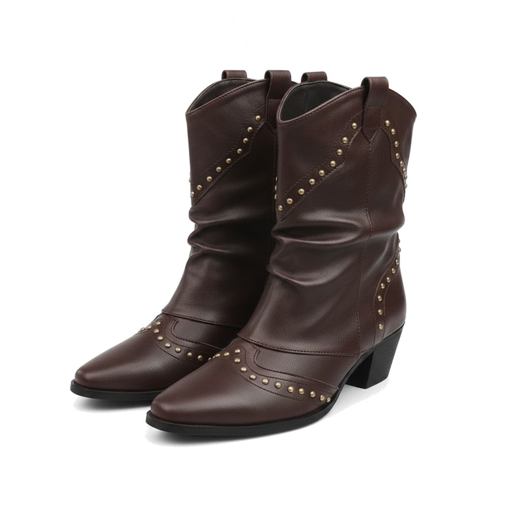 Bottes santiag femme cloutées à tige souple - Marron foncé