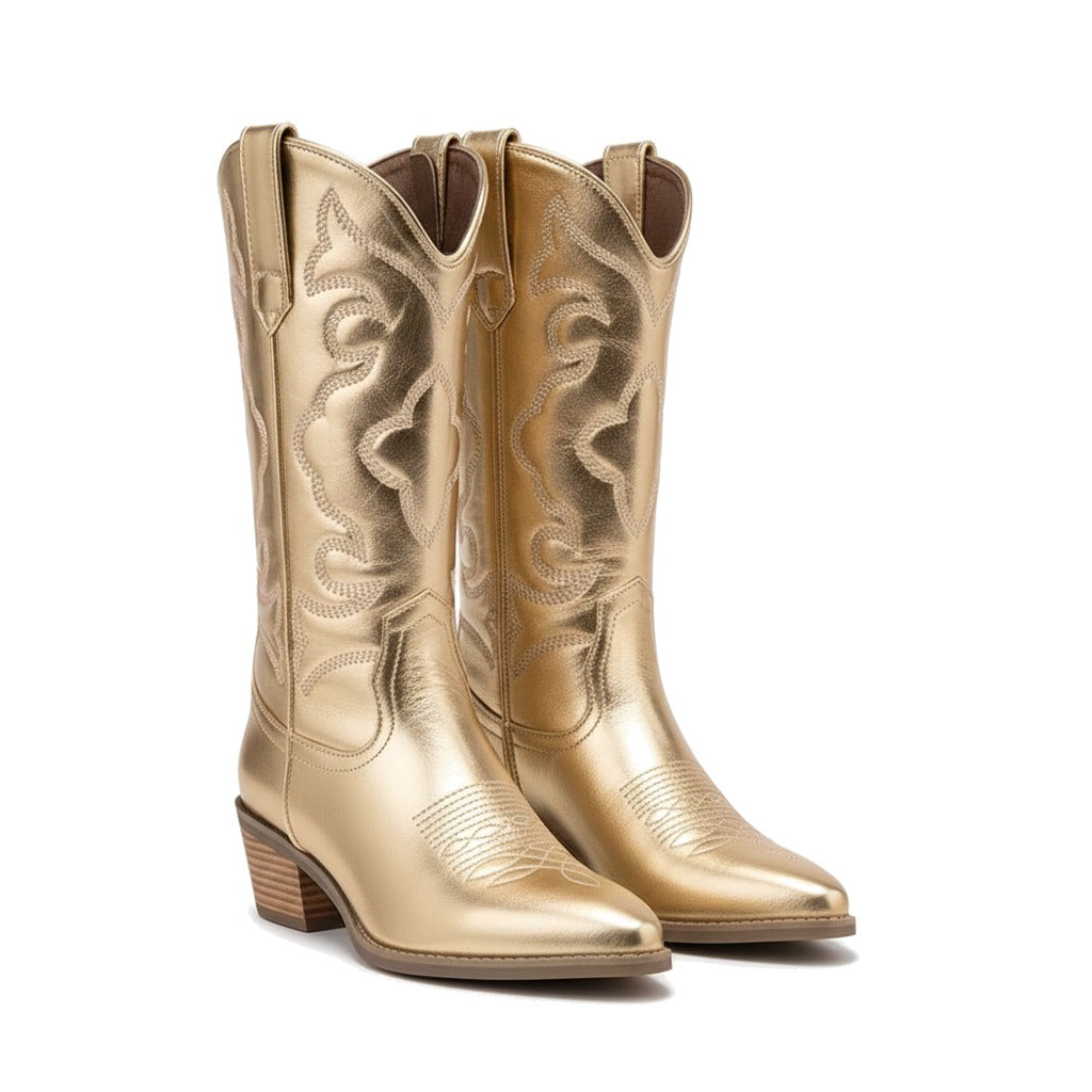 Bottes western femme métallisées à broderies - Doré