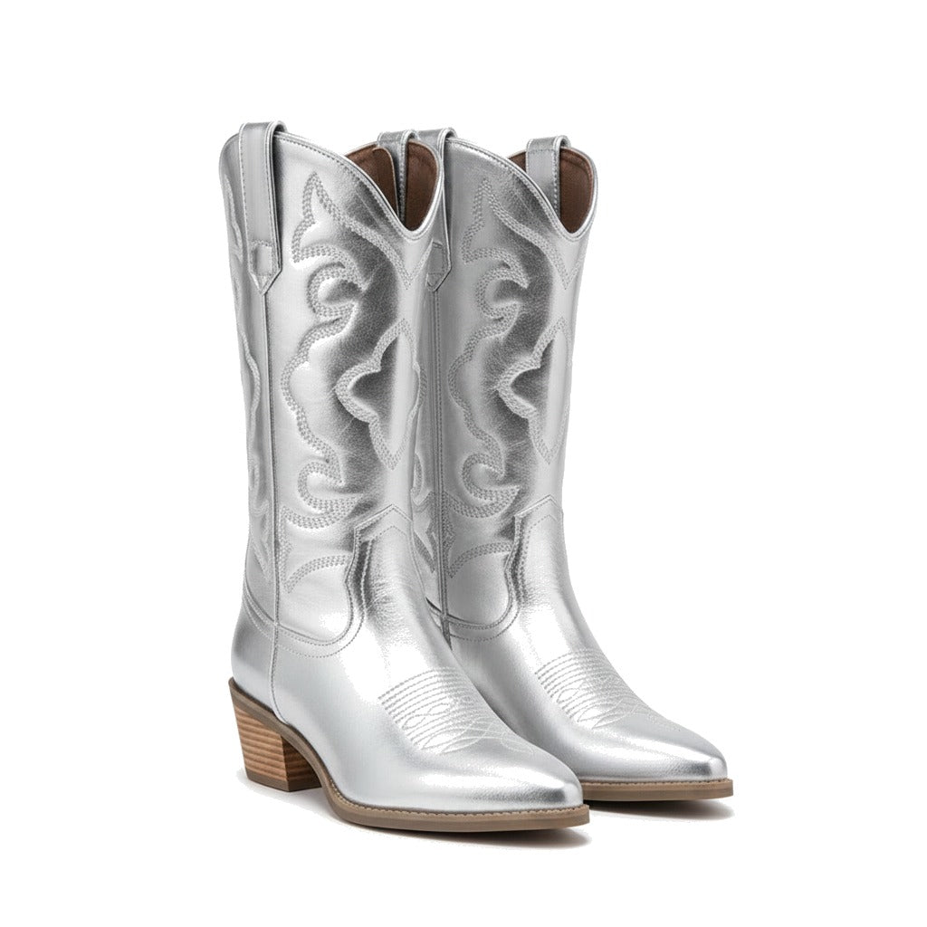 Bottes western femme métallisées à broderies - Argenté