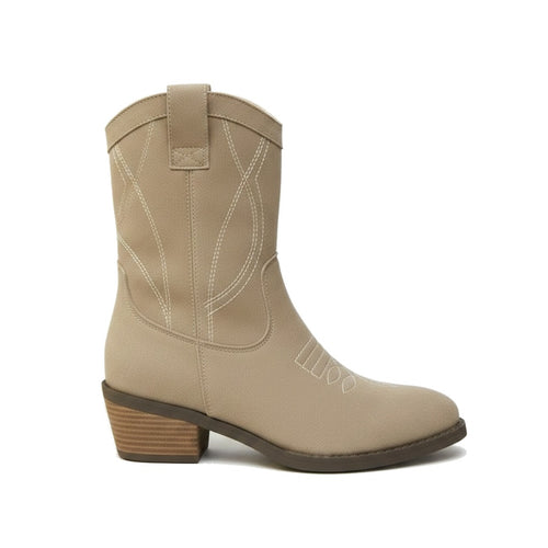 Santiags femme courtes effet daim à surpiqûres western - Blanche