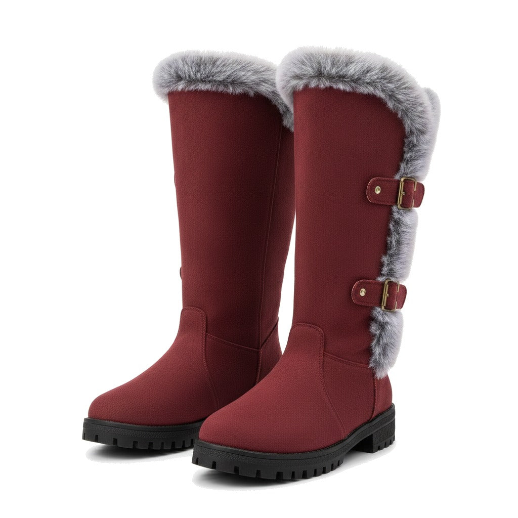 Bottes fourrées femme hautes à revers fausse fourrure - Rouge