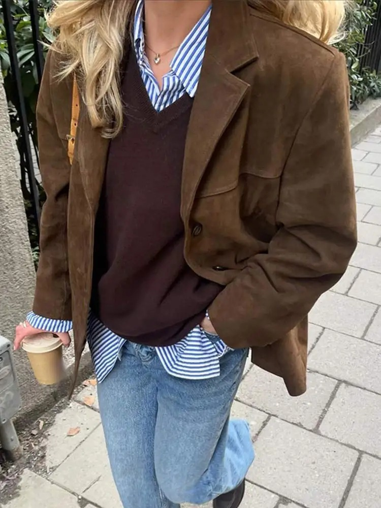 Blazer Femme – Oversize Daim Marron, Cintré