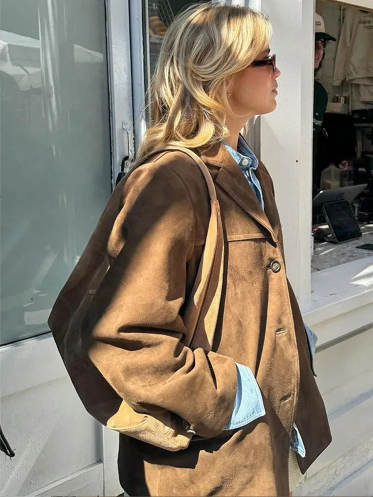 Blazer Femme – Oversize Daim Marron, Cintré