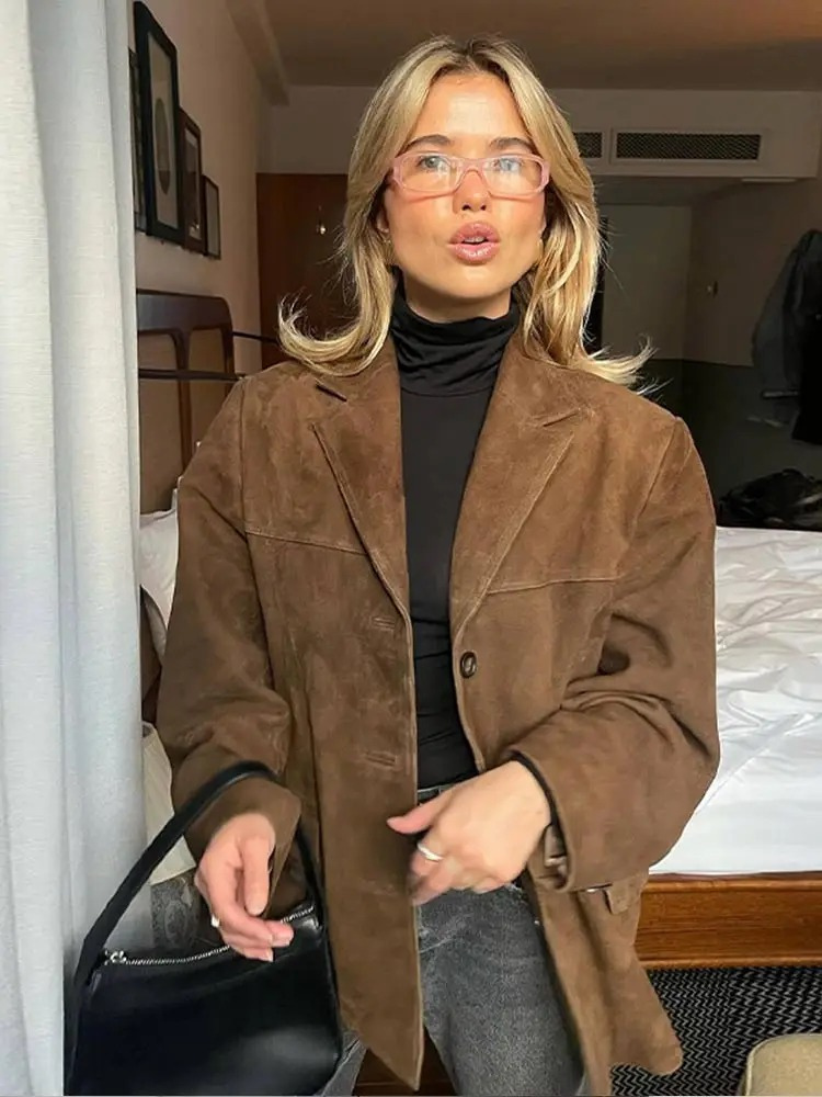 Blazer Femme – Oversize Daim Marron, Cintré