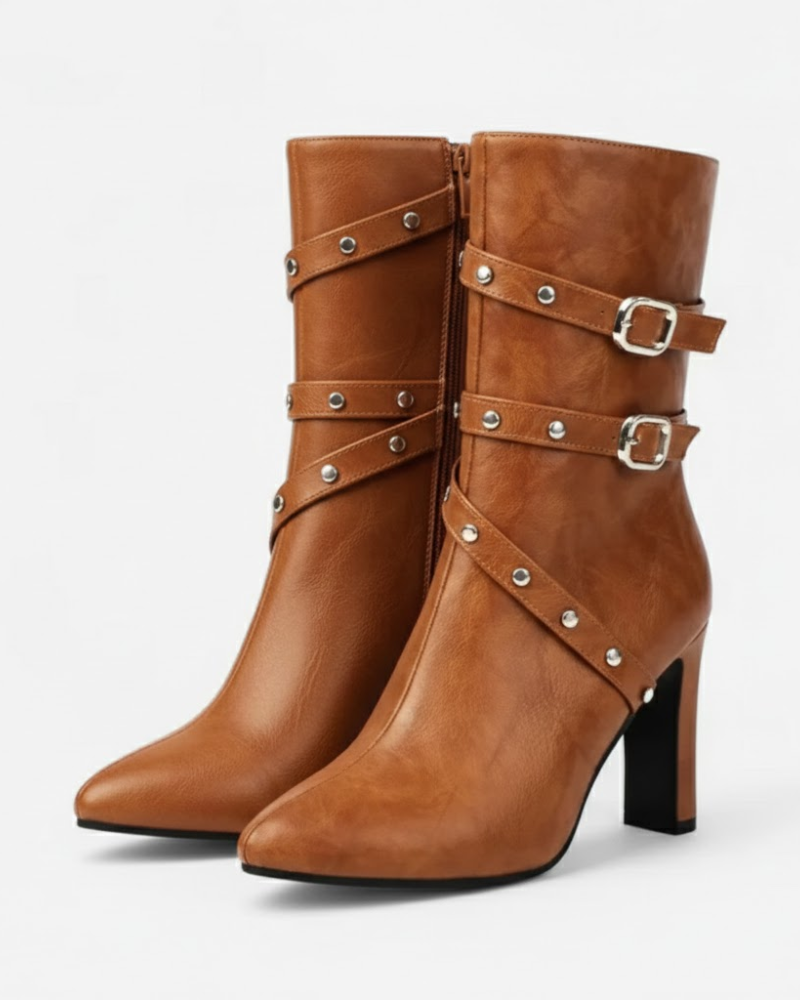 Bottes à Talon Femme Bout Pointu – Lanières Cloutées, Mi-Mollet