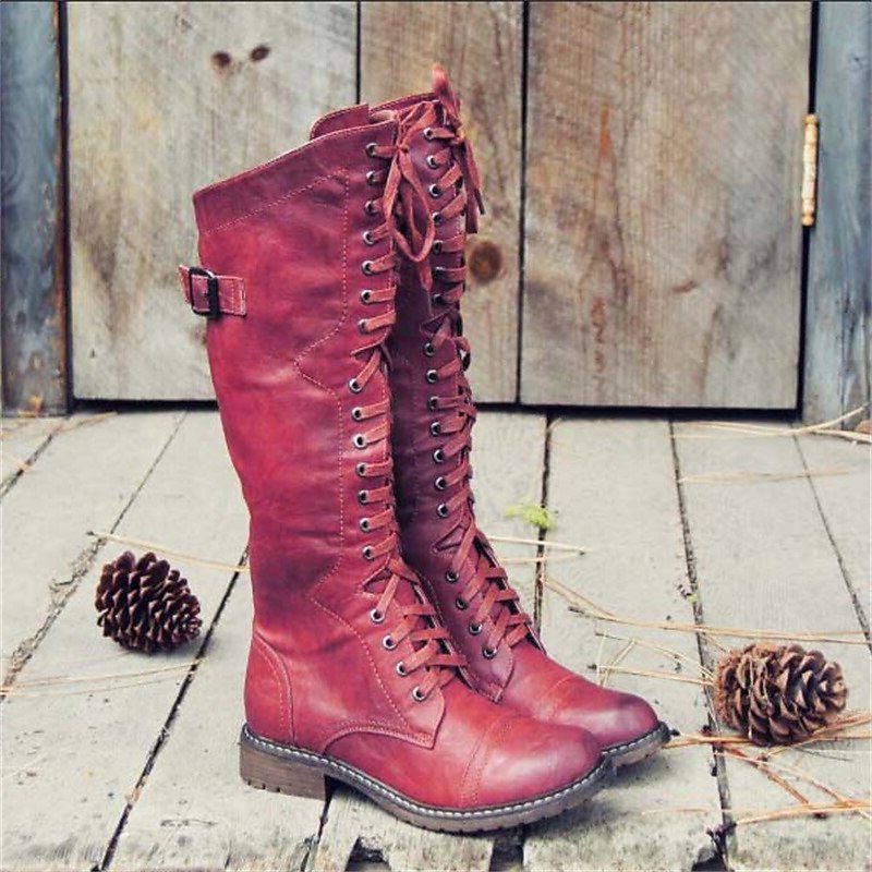Bottes Hautes Femme – Aspect Cuir Lacets Boucle Talon Bloc Crantée