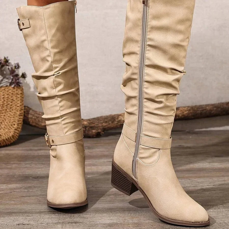 Bottes Hautes Femme – Aspect Cuir Talon Bloc Double Boucle