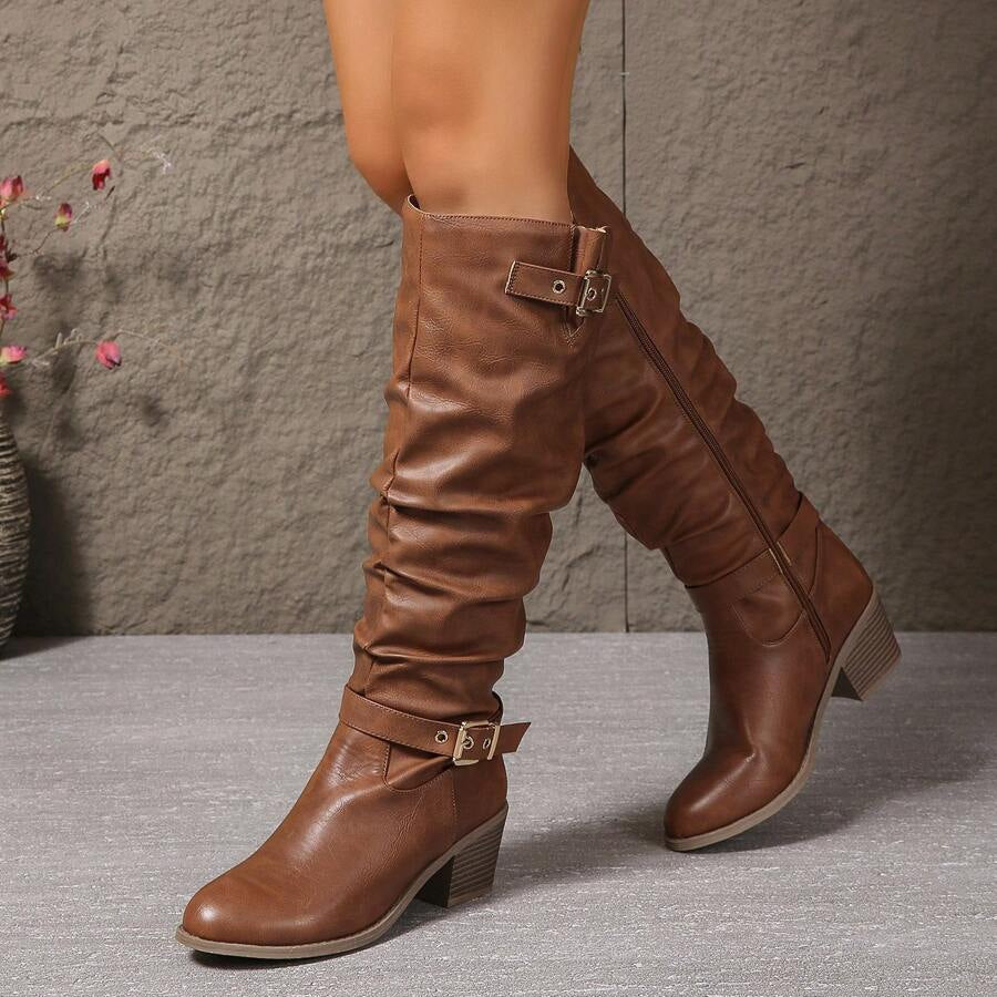 Bottes Hautes Femme – Aspect Cuir Talon Bloc Double Boucle