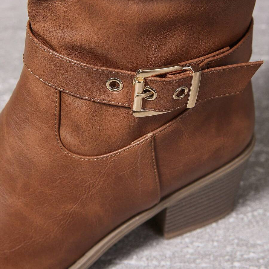 Bottes Hautes Femme – Aspect Cuir Talon Bloc Double Boucle