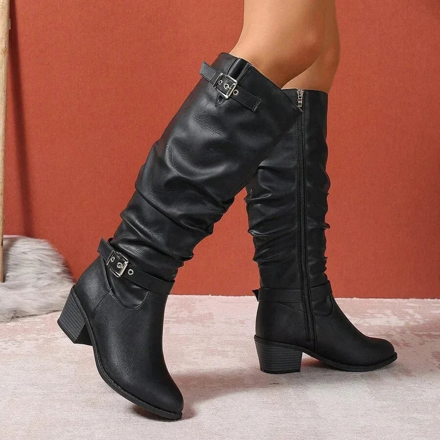 Bottes Hautes Femme – Aspect Cuir Talon Bloc Double Boucle