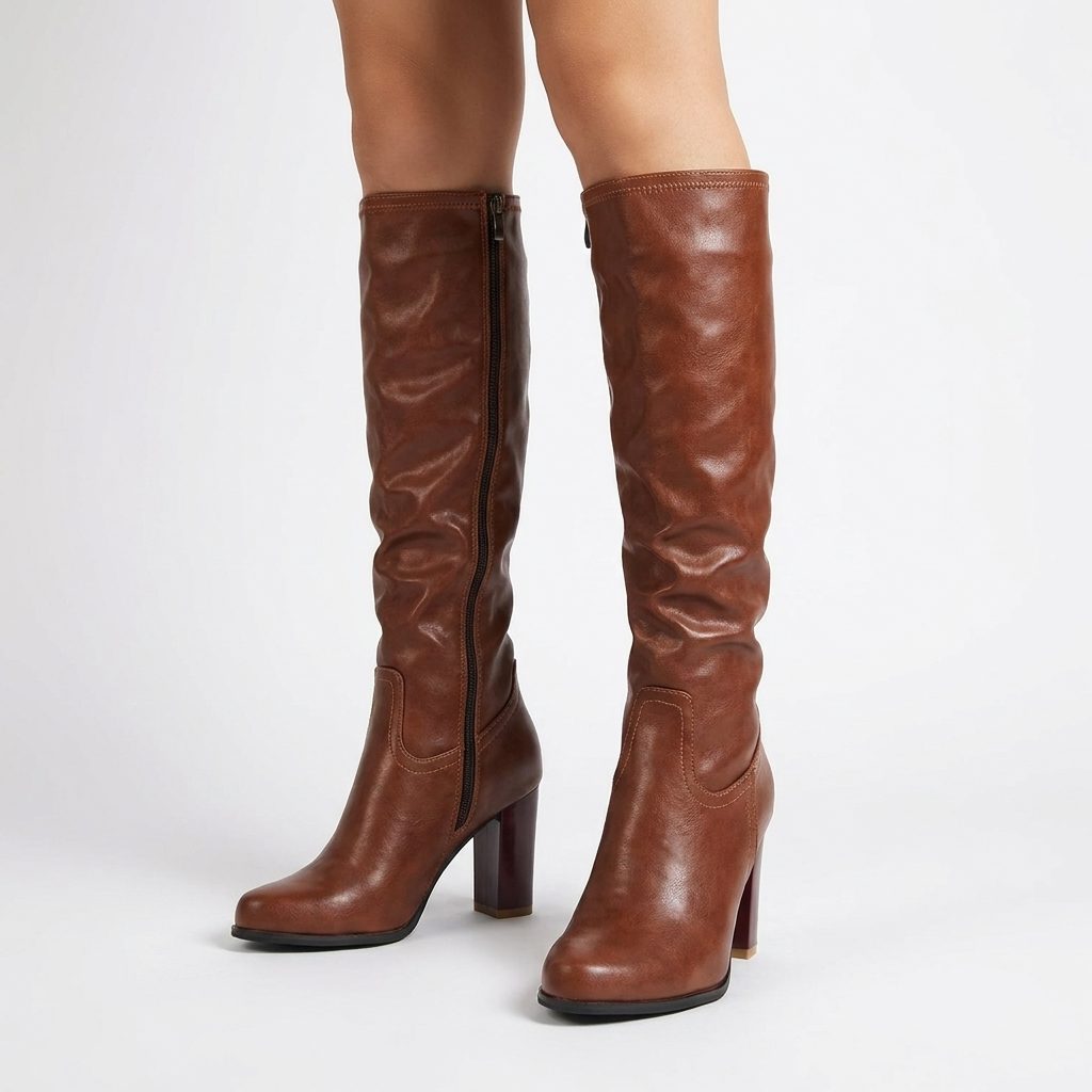 Bottes Hautes Femme – Aspect Cuir Talon Bloc