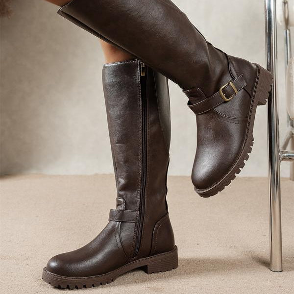 Bottes Hautes Femme – Aspect Daim Boucle Crantée, Aspect Cuir