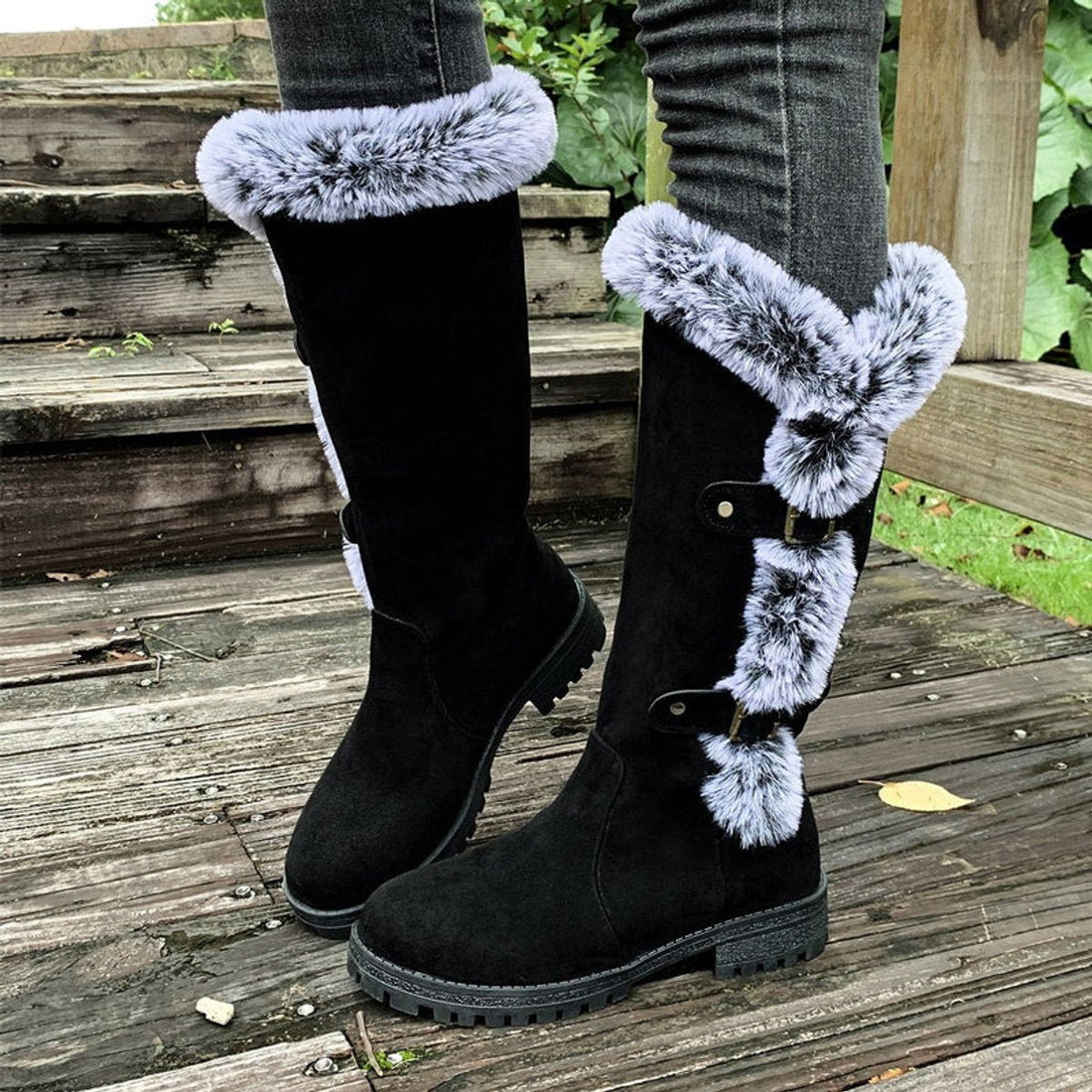 Bottes Hautes Femme – Bordure Fausse Fourrure, Boucles Décoratives
