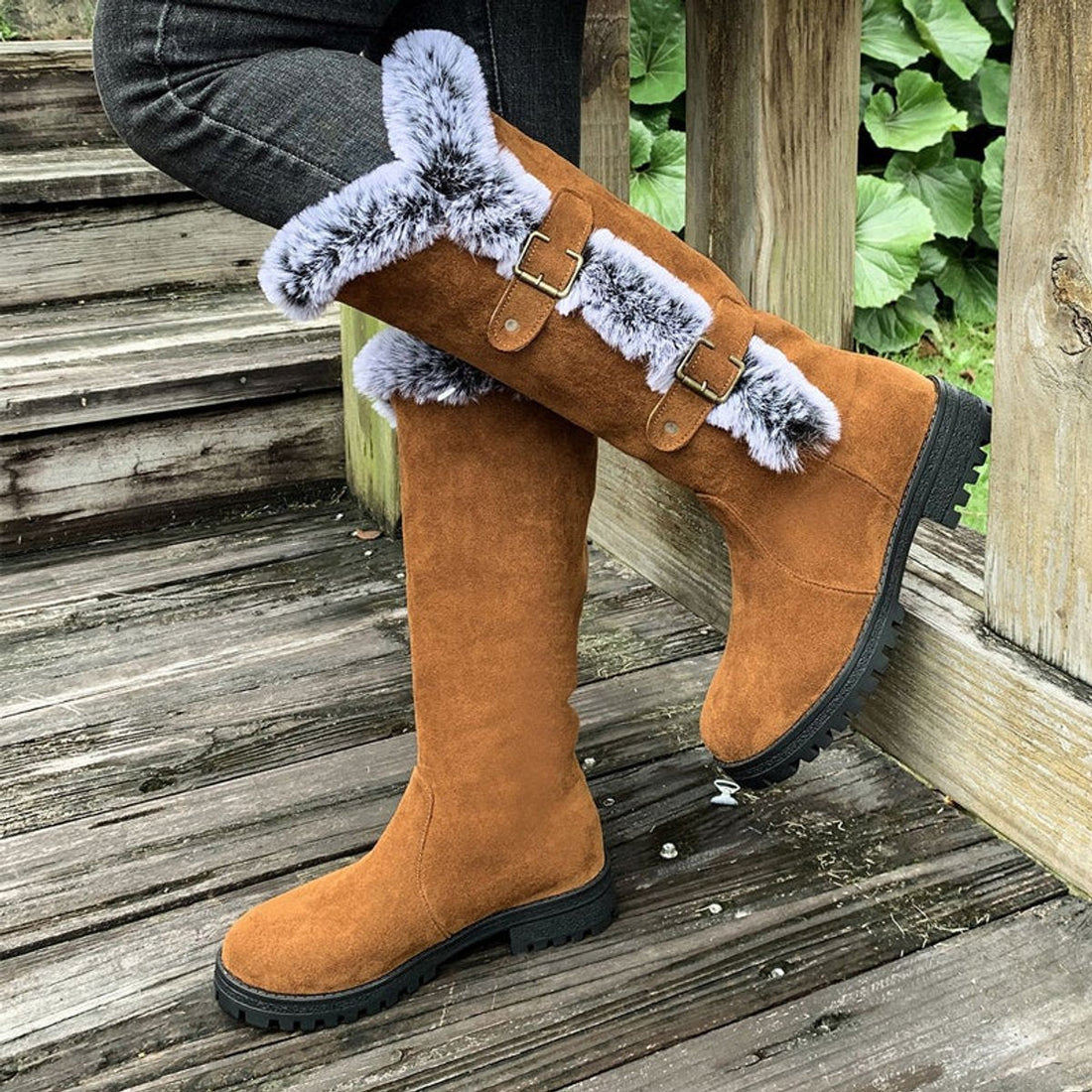Bottes Hautes Femme – Bordure Fausse Fourrure, Boucles Décoratives