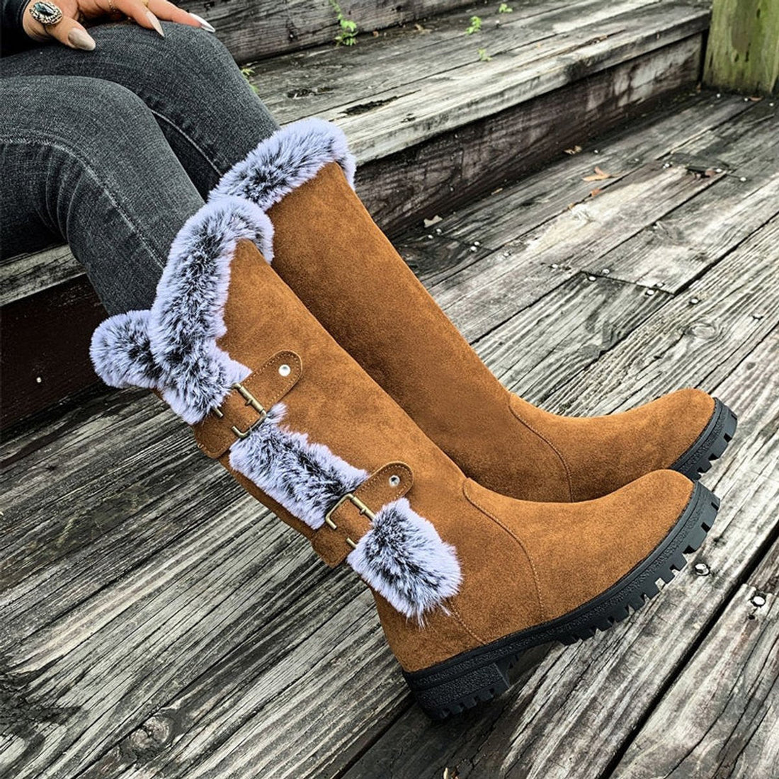 Bottes Hautes Femme – Bordure Fausse Fourrure, Boucles Décoratives