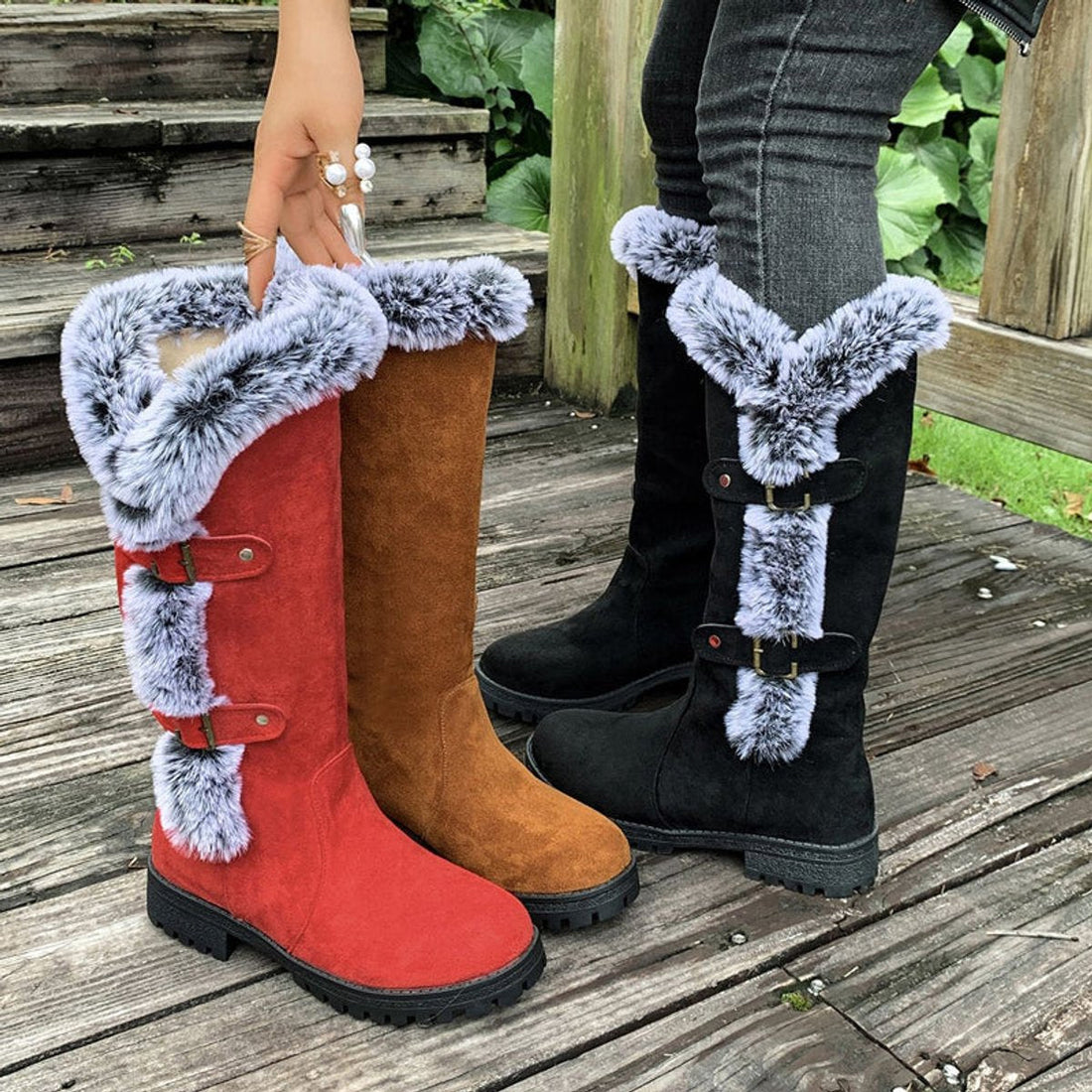 Bottes Hautes Femme – Bordure Fausse Fourrure, Boucles Décoratives