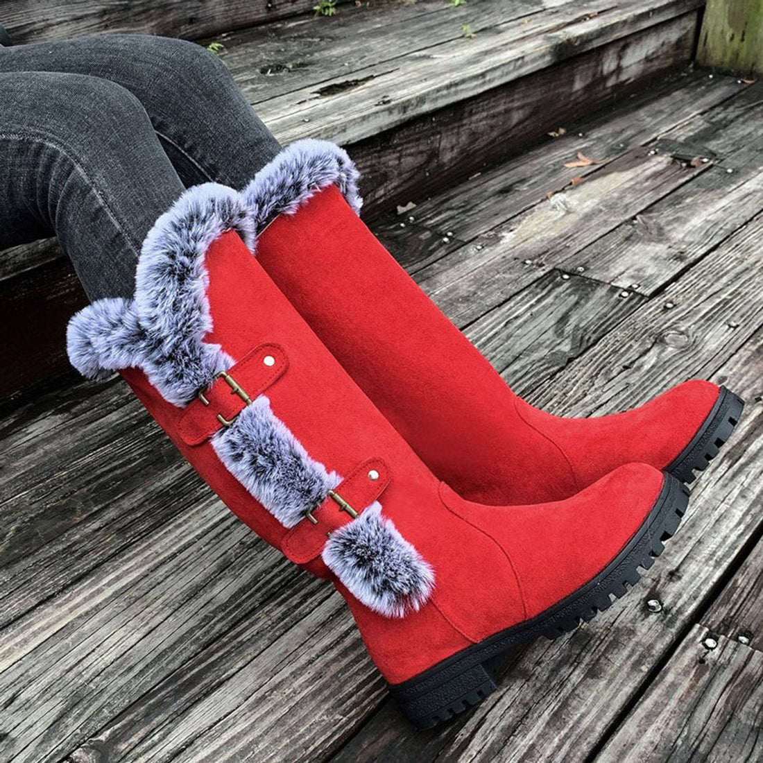 Bottes Hautes Femme – Bordure Fausse Fourrure, Boucles Décoratives