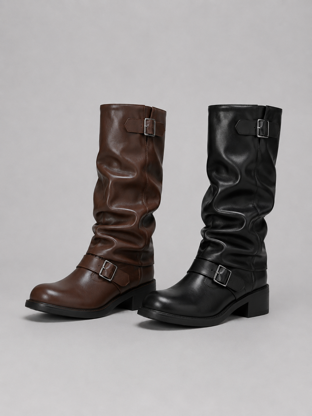 Bottes Hautes Femme – Boucles Aspect Cuir, Talon Bloc