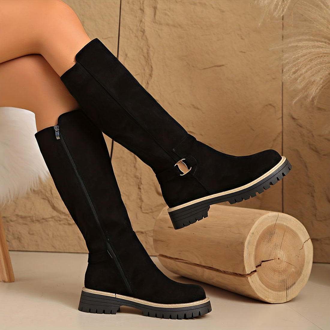 Bottes Hautes Femme – Daim Crantée Boucle Cheville, Aspect Cuir