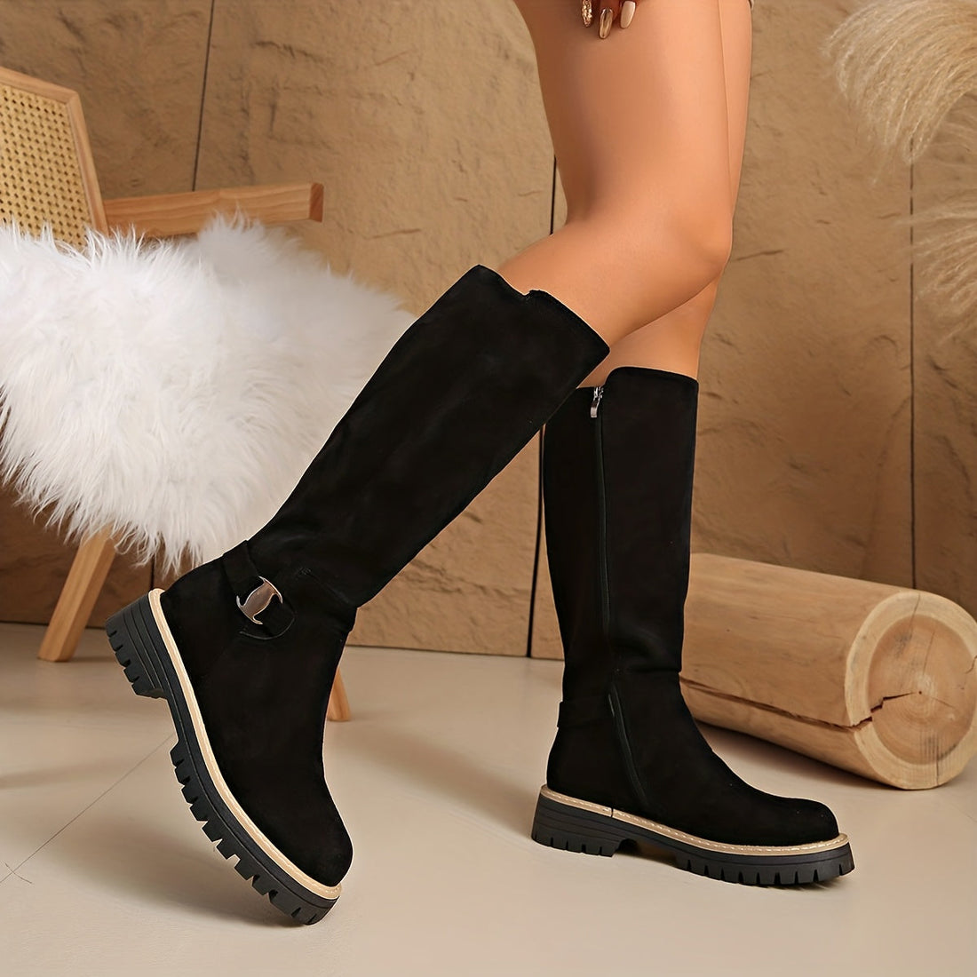 Bottes Hautes Femme – Daim Crantée Boucle Cheville, Aspect Cuir